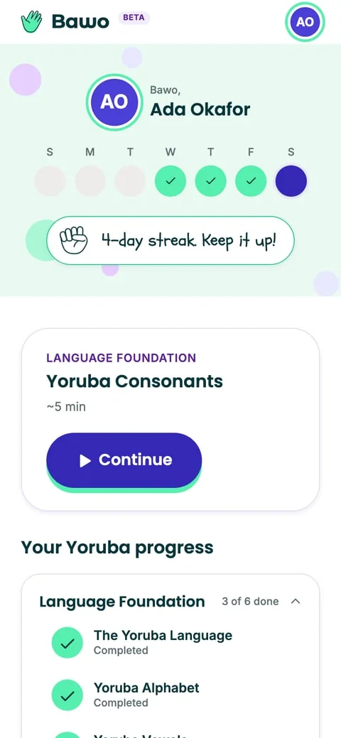 The Bawo dashboard showing a learner's four-day streak, weekly progress, and their next Yoruba lesson.