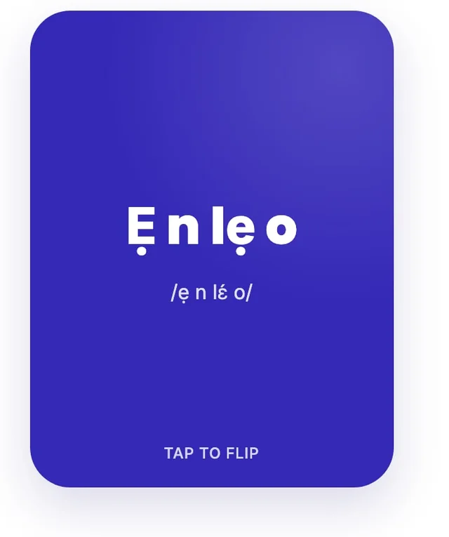 A Bawo flashcard showing a Yoruba word with its pronunciation, ready to tap and flip.
