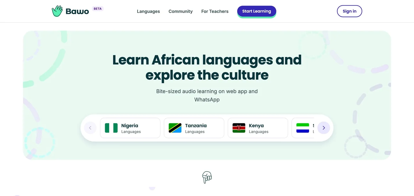 The Bawo Africa home page: “Learn African languages and explore the culture”, with language cards for Nigeria, Tanzania, Kenya and Sierra Leone.