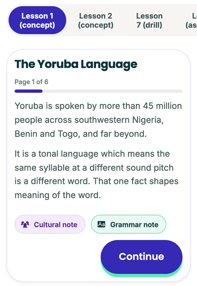 A Bawo lesson about the Yoruba language, with a cultural note and a grammar note.