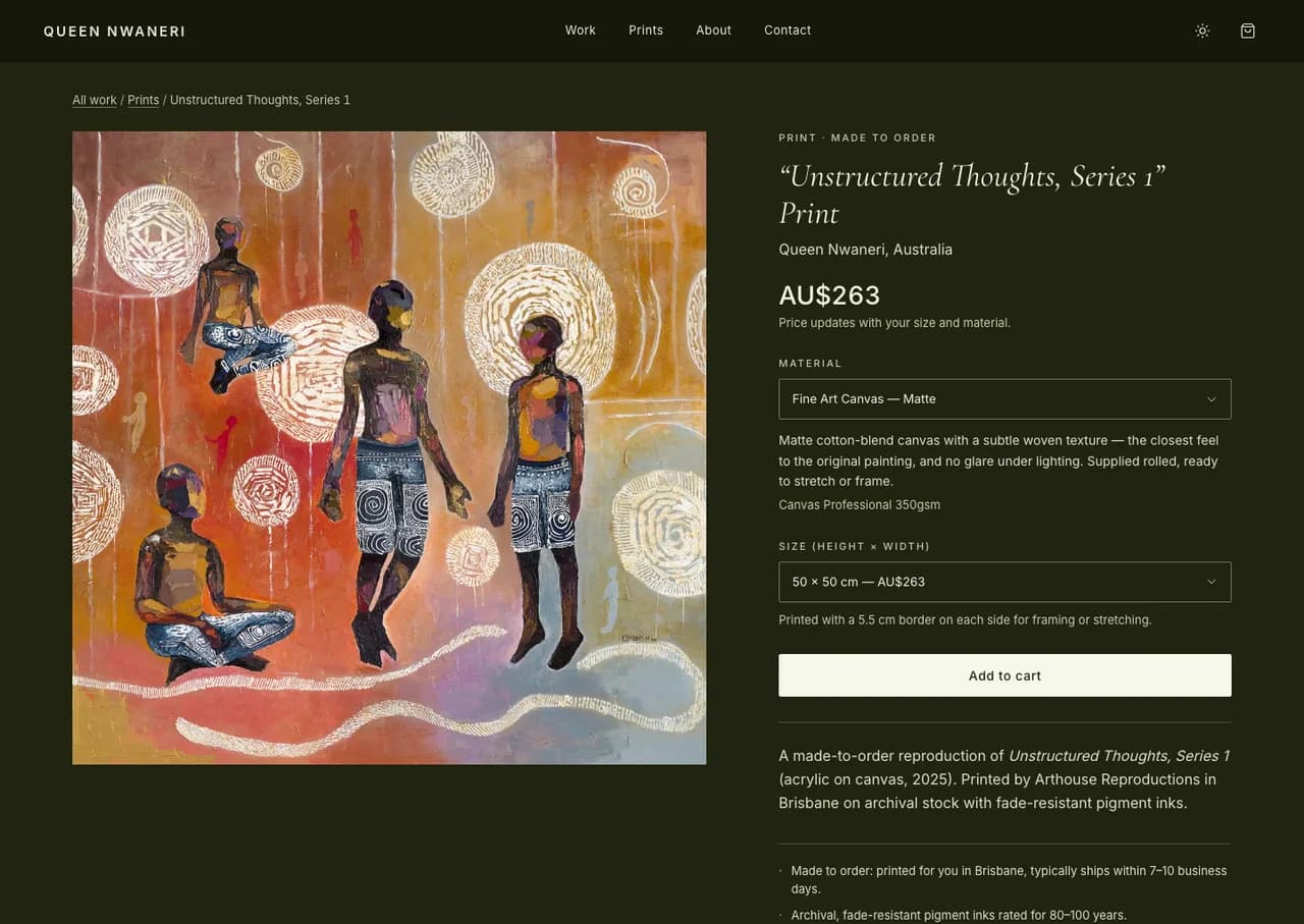 A print page: the painting on the left, and on the right a live price with material and size dropdowns that update it.
