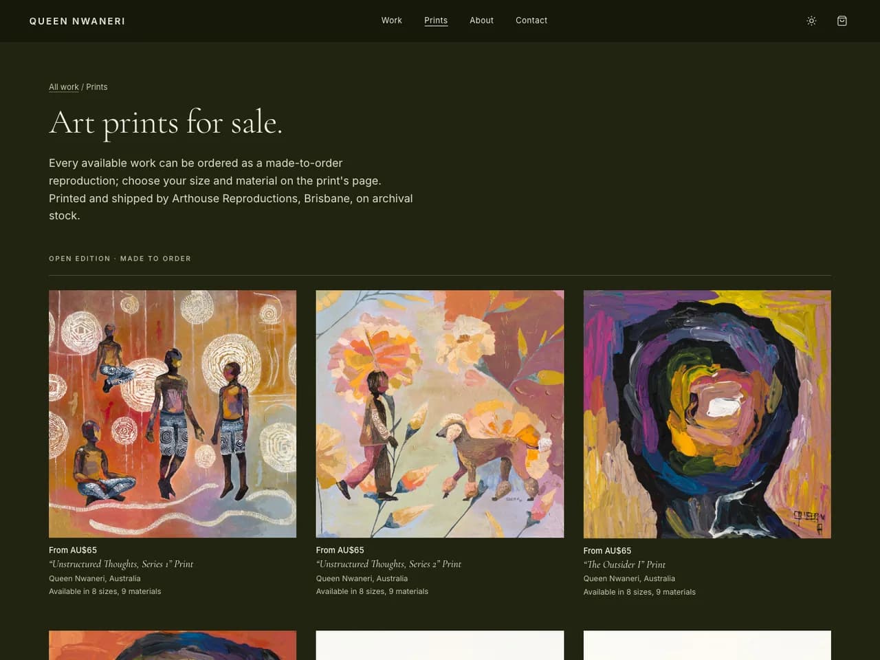 The print index: a three-column grid of paintings, each labelled with a starting price and the number of sizes and materials available.
